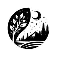 Serene black and white minimalist illustration, depicting a tree, mountains, forest, and a crescent moon under a starry night sky, all enclosed within a circular frame. vector
