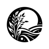 A monochrome round emblem features stylized wheat, rolling hills, and celestial elements, depicting natures simplicity and abundance. vector
