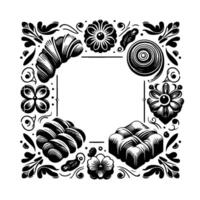 Black and white floral and pastry pattern border with negative space a stylized elegant with baked goods. vector