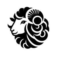 Stylized black and white illustration of a rams head profile, showcasing horns and curly wool detailing. vector