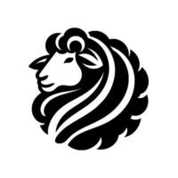 Stylized monochrome sheep head logo minimalist of a smiling rams face with bold black and white strokes on white background. vector
