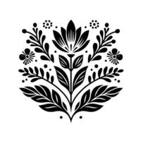 Symmetrical black and white floral motif a stylized, featuring a central flower, leaves, and delicate botanical accents against a clean white background. vector