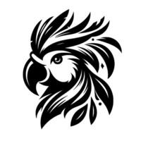 A striking monochrome illustration of a stylized parrots head, showcasing bold lines, intricate feather details, and a dynamic, yet controlled composition. vector