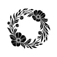 Elegant black floral wreath a symmetrical botanical of stylized poppy flowers, buds, and leaves, arranged in a circular pattern on a white background. vector