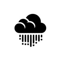 A stylized black weather featuring a cloud with rain falling from the bottom, against a clean white backdrop. vector