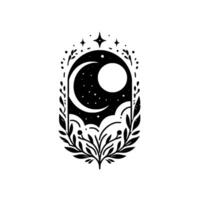 Black and white celestial illustration crescent moon, full moon, stars, and foliage inside an oval frame on white background. vector