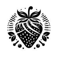 Black and white stylized strawberry illustration with leaf accents, dots and exclamation marks in a circular composition. vector
