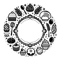 Elegant black and white circular bakery frame cupcakes, bread, pastries, wheat, and tools surround a central empty circle. vector