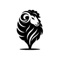 Elegant black and white ram logo stylized depiction of a sheep head with curved horns, fluffy mane, and a minimalist, modern aesthetic, set against a plain white background. vector