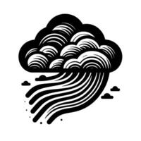 Stylized black and white illustration of a storm cloud with rain and small clouds on a white background. vector