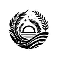 A stylized black and white circular emblem featuring feather, wheat, stars, and waves with a stylized setting sun or moon. vector