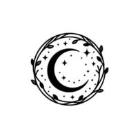 Celestial emblem black crescent moon with stars enclosed in a circular wreath of leaves and vines on white background. vector
