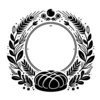 Intricate monochrome wreath design, featuring bread, wheat, and leaves, a perfect circular frame for invitation, or design. vector