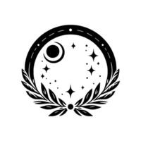 Celestial emblem crescent moon, stars, and laurel wreath in a circular black and white design. vector