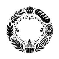 Black and white circular illustration of baked goods and foliage, creating a decorative frame around a blank space. vector