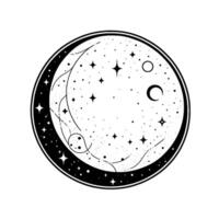 Intricate celestial illustration crescent moon, stars, and orbits within a circular frame on a white background. vector