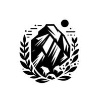 Stylized black and white emblem mountain peak surrounded by laurel wreath, celestial elements. vector