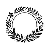 A minimalist black and white botanical illustration of a circular wreath, adorned with leaves, a flower, and berries, providing a space for text or design. vector