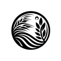 Elegant black and white circular emblem featuring wheat, leaves, waves, and celestial symbolism in minimalist design. vector