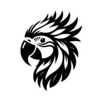 Monochromatic parrot head, with a stylized of black, white and grey, featuring a glossy beak, keen eye, and feather details on a clean white background. vector