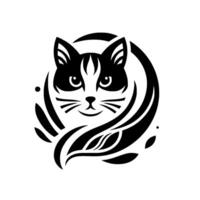 Elegant black and white cat portrait logo geometric with curved shapes and a smiling feline face vector