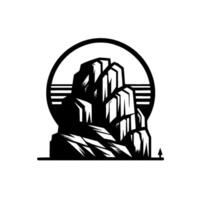 Stylized black and white mountain landscape with circle and horizontal stripes, minimalistic mountain scene, clean design. vector