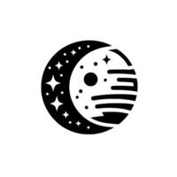 Black and white crescent moon with stars and stylized lines, isolated on a clean white background, evokes a sense of peace. vector