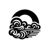 Minimalist black and white illustration of a sun over swirling waves and clouds in a circle. vector