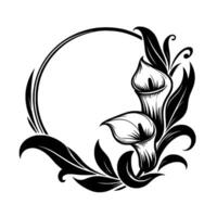 Elegant black and white floral design calla lilies and lush foliage frame an empty circle, showcasing minimalist artistry. vector