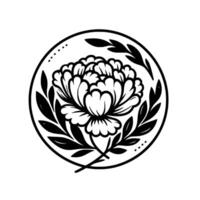 Elegant black and white floral crest a symmetrical peony and leaf within a circular frame, evoking simplicity and natures beauty. vector