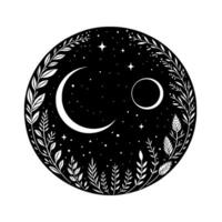 Black and white circular celestial illustration with a crescent moon, sun, stars, and botanical border, creating a mystical nightscape. vector