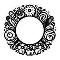 Whimsical black and white circular frame adorned with various candies, flowers, and sweet treats, creating a playful and festive decorative border. vector