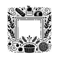 Elegant black and white bakery themed square frame with an assortment of baked goods and a blank center. vector