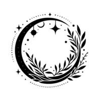 Celestial crescent moon with stars and botanical wreath, black silhouette on white background, mystical design. vector
