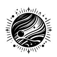 Stylized black and white planetary illustration featuring a planet with stripes, orbiting sphere, and surrounding stars and radiating lines. vector