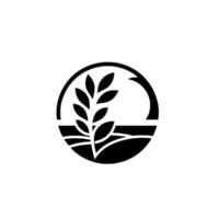 Minimalist black and white emblem featuring a wheat stalk, fields, and a partial circular sun silhouette, representing agriculture. vector