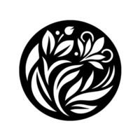 Circular black and white botanical featuring stylized leaves, buds, and flowers in a symmetrical arrangement. vector