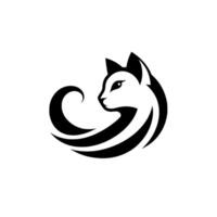 A minimalist black and white of a stylized cat in profile, forming a circular shape with its body and tail, exuding elegance. vector