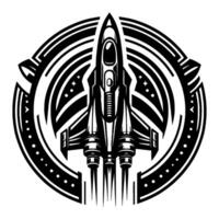 Futuristic spaceship crest, black and white illustration in a circular emblem with star details. vector