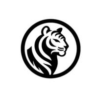 A bold, black and white tiger head emblem, set inside a circular frame, showcasing minimalist design. vector