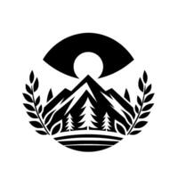 Symbolic monochrome logo mountains with pine trees, sunmoon, eyelike shape, and laurel wreath. vector