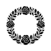 Intricate black floral wreath, a symmetric featuring stylized roses and foliage arranged in a circular frame on a white background. vector