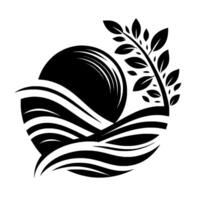 Abstract black and white depicting a stylized landscape of rolling hills, a setting sun, and a leafy branch in a circular frame. vector