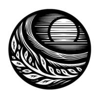 Monochromatic circular featuring leaves, water or wind pattern and a sun or moon element, contrasting textures in a minimalist style. vector