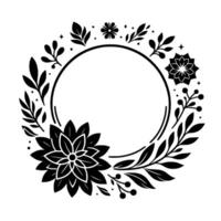Intricate monochrome floral wreath with circular frame, featuring diverse leaves, berries, and blossom elements, for decorative and symbolic use. vector