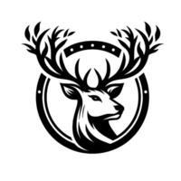 Bold monochrome deer head with antlers within a circular frame, elegant and simple for branding. vector