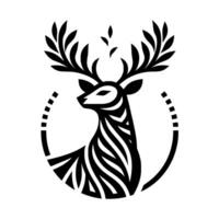 Striking black and white geometric deer logo, featuring antler foliage, enclosed in a circular with minimalist aesthetics. vector