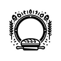 Bakery emblem a rustic black and white featuring bread, rolling pin, wheat stalks, and a circular frame. vector