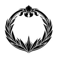 Black white floral crest a symmetrical, elegant circular frame of stylized leaves and a central, detailed flower, presented on a clean white background. vector
