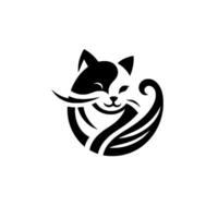 A stylized black and white cat logo, curled into a circular shape, with a smiling face and smooth, clean lines against a white backdrop. vector